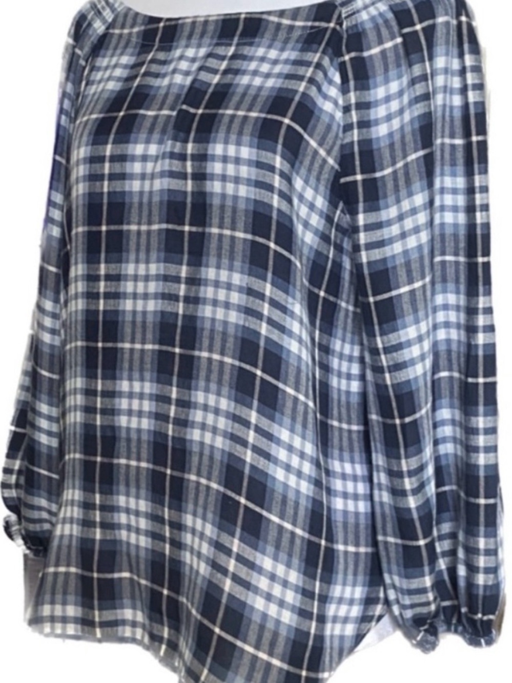 LOFT Blue Plaid Peasant Blouse Small Off Shoulder Long Sleeve Lightweight Top